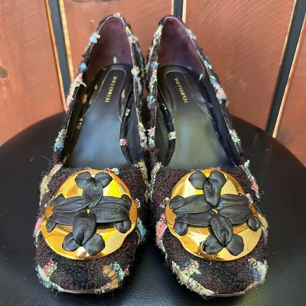 Tory Burch Wool Blend Mixed Media Tweed Plaid Pump In Brown/coco Size 6.5
